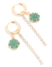 Gold Green Stone & Diamante Drop Chain Huggie Earrings - link has visual effect only