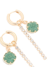 Gold Green Stone & Diamante Drop Chain Huggie Earrings - link has visual effect only