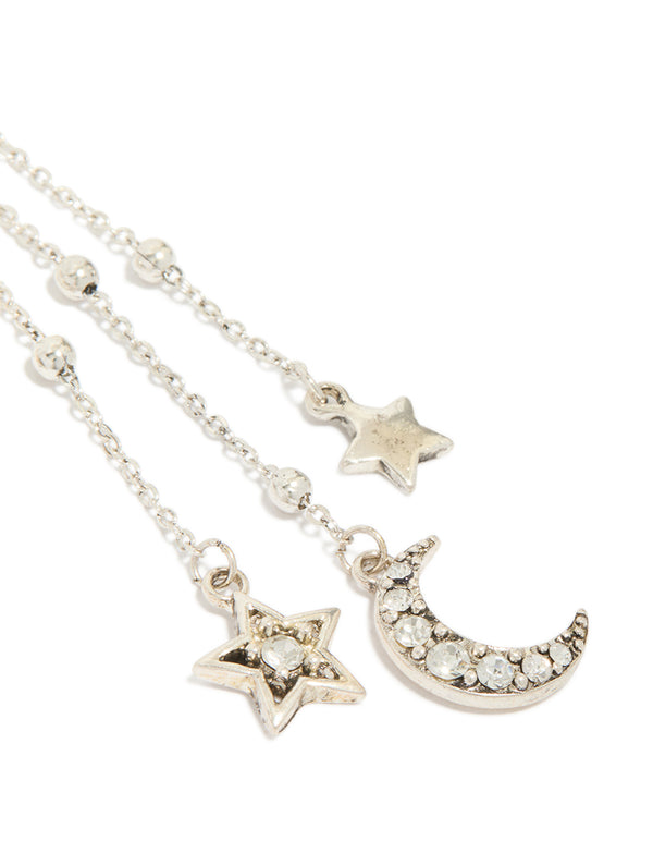 Antique Silver Diamante Asymetrical Star & Moon Drop Earrings