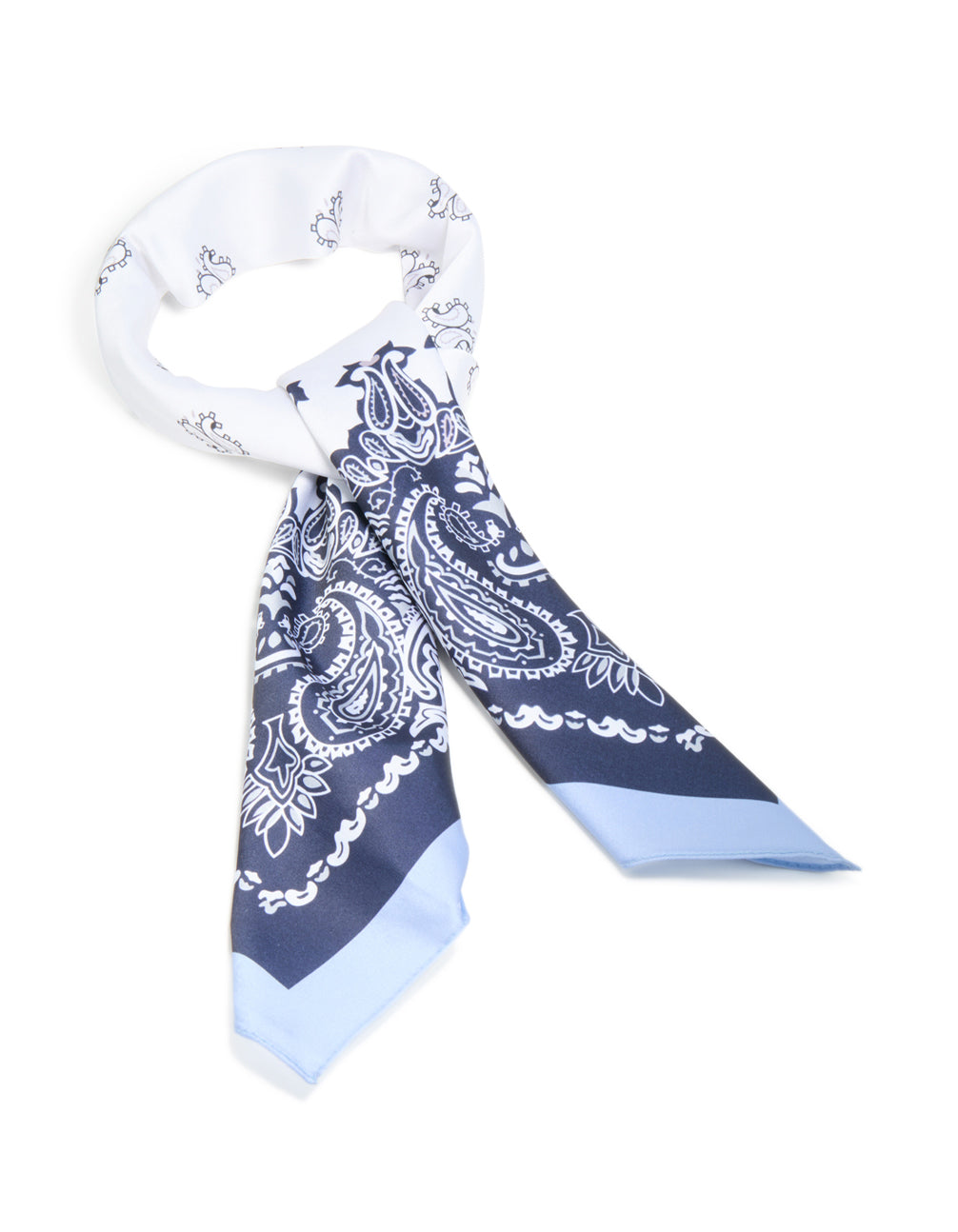 Showcasing a deco paisley fabric scarf in navy, white and light blue front view