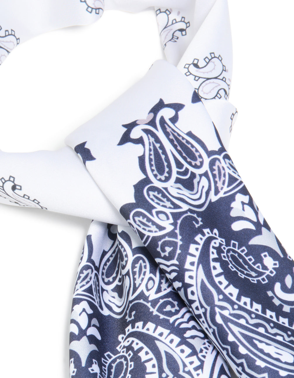 Featuring a deco paisley fabric scarf in navy, white and light blue side view