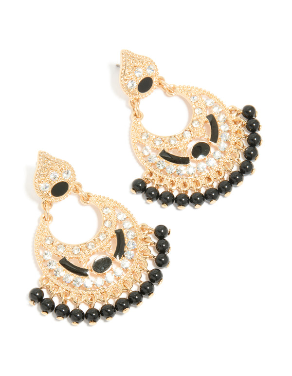 Gold Black Acrylic Diamante Drop Earrings
