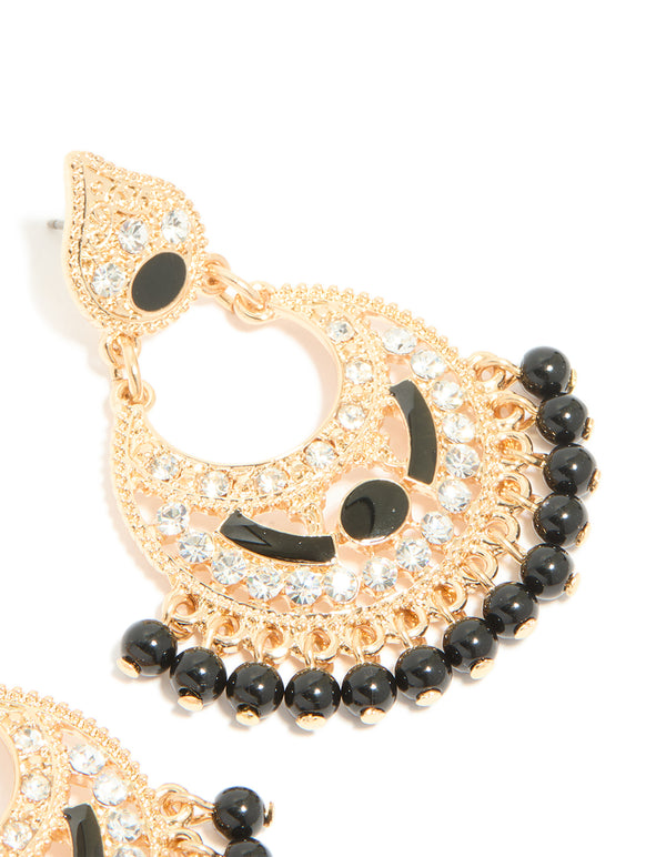 Gold Black Acrylic Diamante Drop Earrings