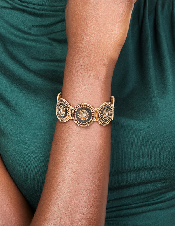 Antique Gold Diamante Centre Boho Disc Stretch Bracelet