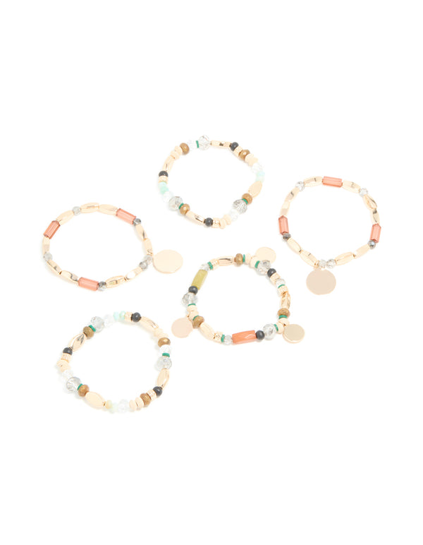 Gold Multicoloured Beaded Stretch Bracelets 5-Pack