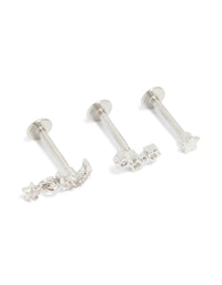 Surgical Steel Cubic Zirconia Celestial Flat Back Studs 3-Pack - link has visual effect only