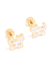 Kids Gold Plated Surgical Steel Heart White Cat Flat Back Studs - link has visual effect only