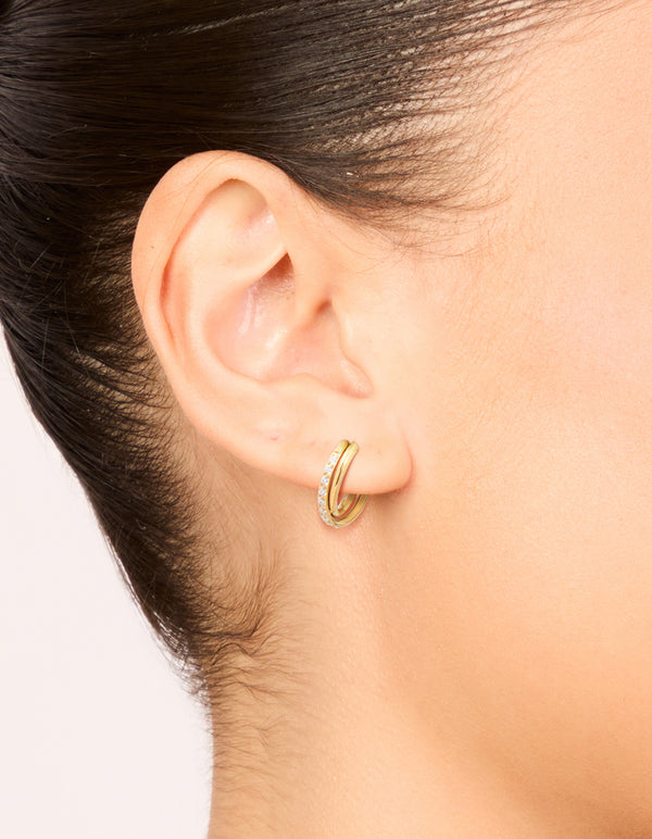 Gold Plated Surgical Steel Cubic Zirconia Crossover Double Sleeper Earrings