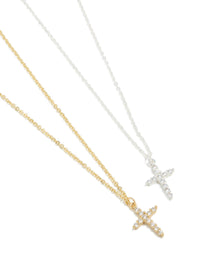 Mixed Metal Plated Cross Cubic Zirconia Pendant Necklaces 2-Pack - link has visual effect only
