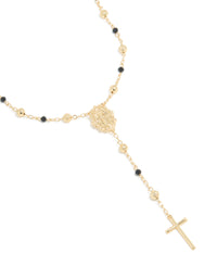 Gold Plated Black Beaded & Cross Lariat Necklace - link has visual effect only