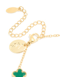 Waterproof gold plated stainless steel dark green petal flower charm bracelet closure detail view - link has visual effect only