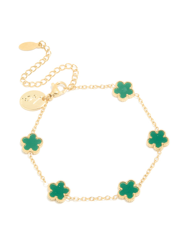 Beautifully crafted waterproof gold plated stainless steel dark green petal flower charm bracelet front view