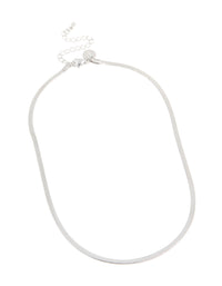 Designed with waterproof stainless steel fine flat snake chain necklace in silver front view - link has visual effect only