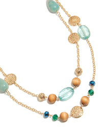 Gold Blue & Wooden Long Layered Necklace - link has visual effect only