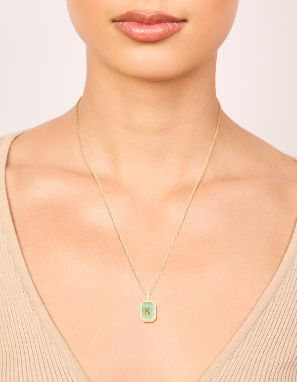 Gold Plated Brass Cubic Zirconia Letter K Tag Necklace