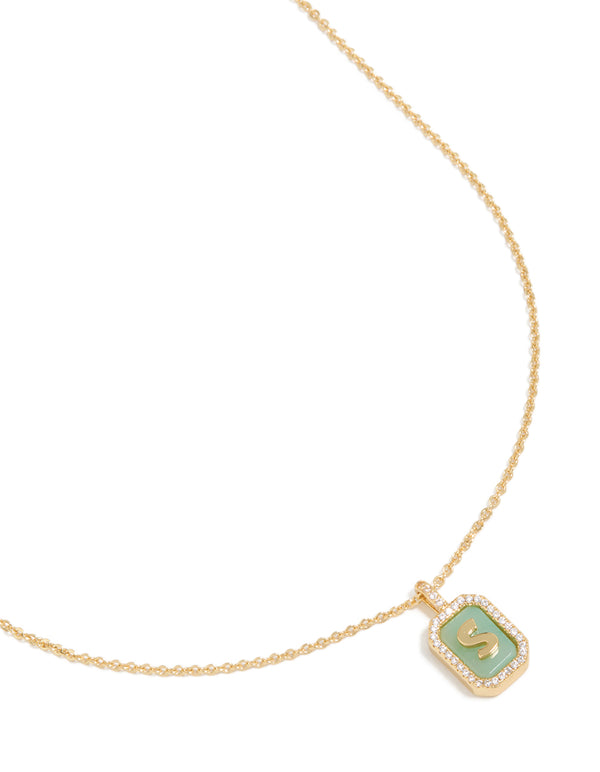 Gold Plated Brass Cubic Zirconia Letter S Tag Necklace