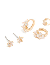 Gold Cubic Zirconia Flower Huggie & Stud Earrings 3-Pack - link has visual effect only