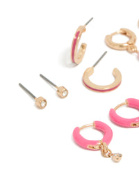 Stunning gold diamante and pink enamel hoop earrings 5-pack with beads closure close up view - link has visual effect only