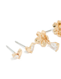 Gold Cubic Zirconia Flower & Petal Earrings 3-Pack - link has visual effect only
