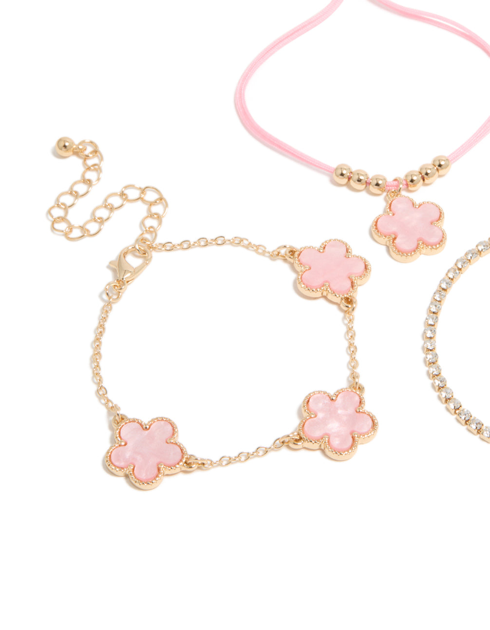 Gold Cubic Zirconia Tennis & Blush Pink Cord Flower Bracelets 3-Pack