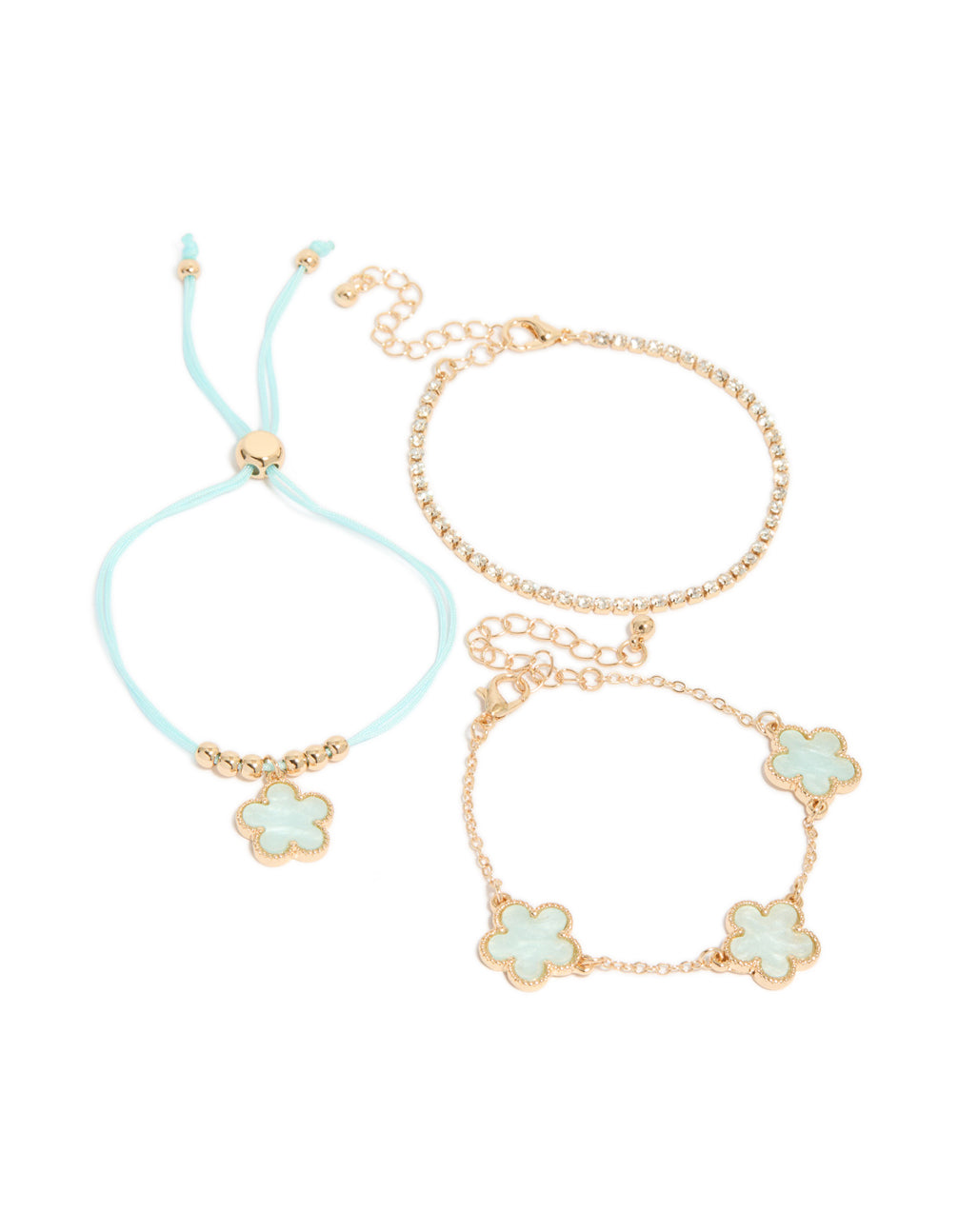 Gold Cubic Zirconia Tennis & Cord Light Blue Flower Charm Bracelets 3-Pack