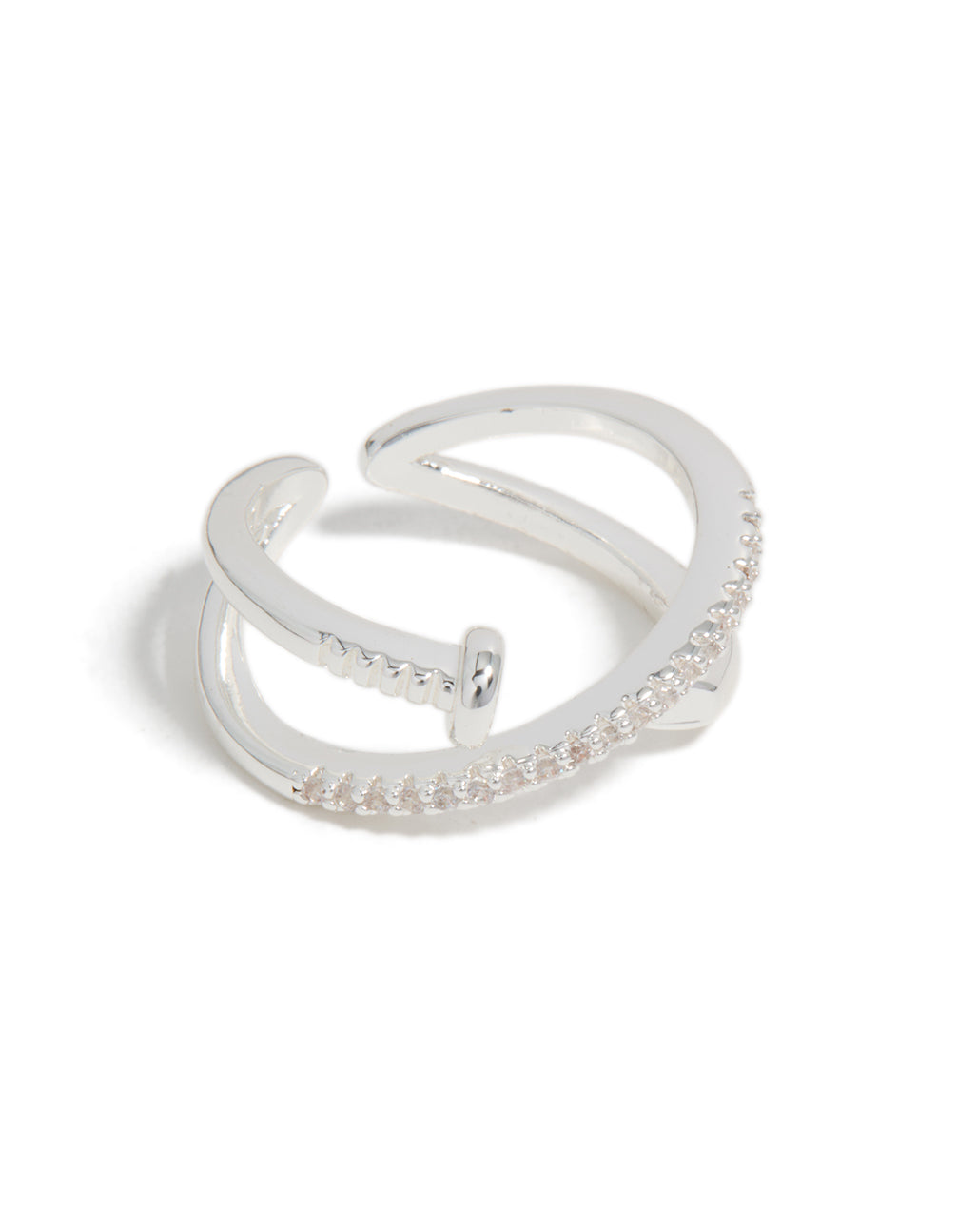 Showcasing a silver plated cubic zirconia shiny half nail ring front view