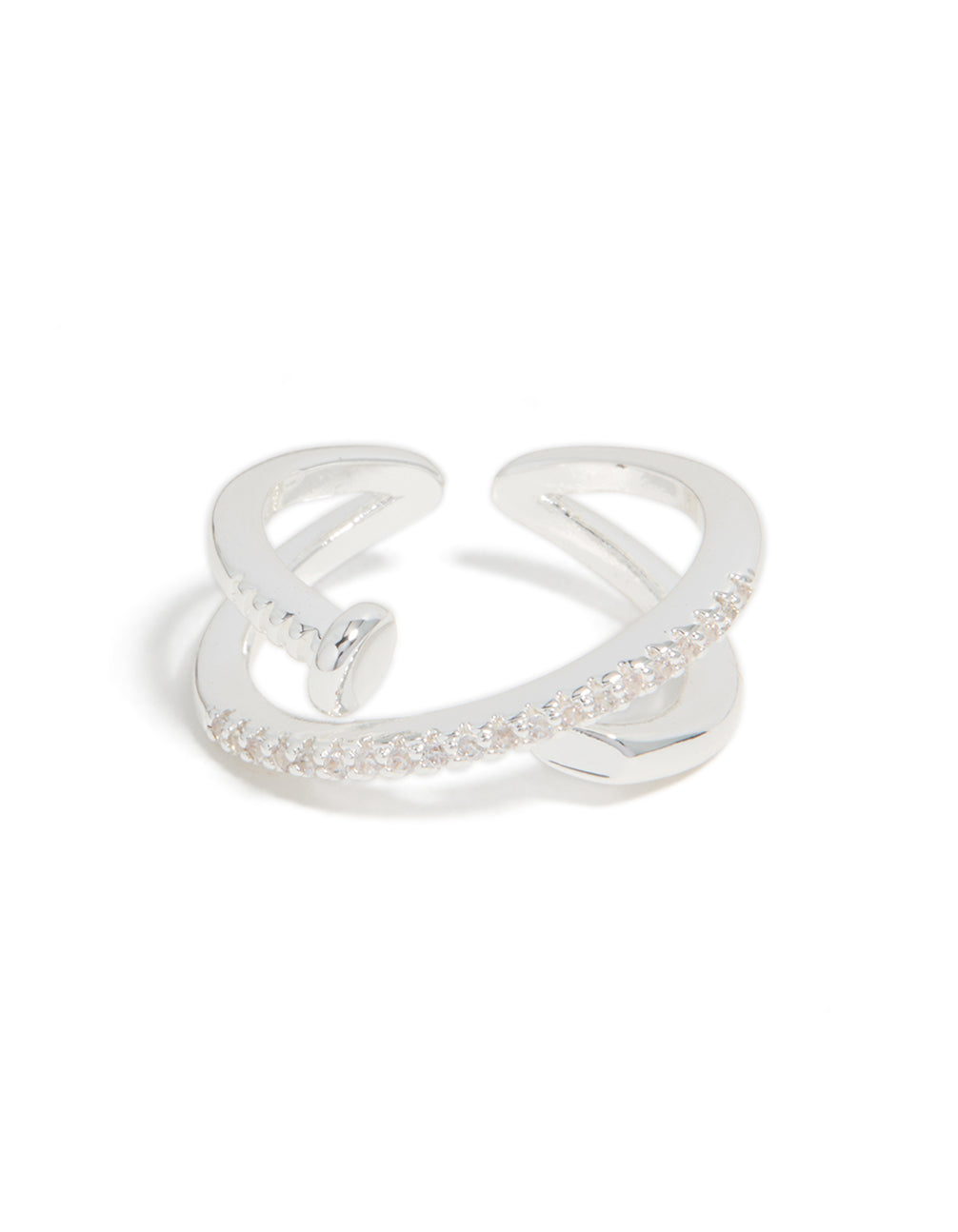 Detailed silver plated cubic zirconia shiny half nail ring close up view