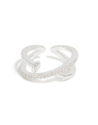 Detailed silver plated cubic zirconia shiny half nail ring close up view - link has visual effect only