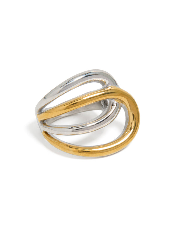 Featuring a waterproof mixed metal plated stainless steel large double loop ring in gold and silver with statement chunky design front view