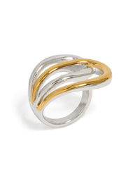Presenting a waterproof mixed metal plated stainless steel large double loop ring in gold and silver with statement chunky details side detail view - link has visual effect only