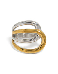 Highlighting a waterproof mixed metal plated stainless steel large double loop ring in gold and silver with statement chunky craftsmanship close up view - link has visual effect only