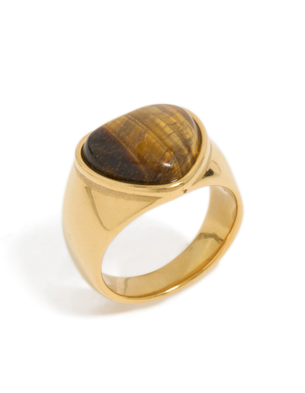 Presenting a heart tiger's eye stone ring in waterproof gold plated stainless steel with statement design side detail view