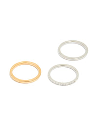 Featuring waterproof mixed plated stainless steel thin cubic zirconia stacking rings in a 3-pack with silver and gold tones front view - link has visual effect only