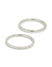 Showcasing waterproof mixed plated stainless steel thin cubic zirconia stacking rings in a 3-pack with silver tones close up view - link has visual effect only