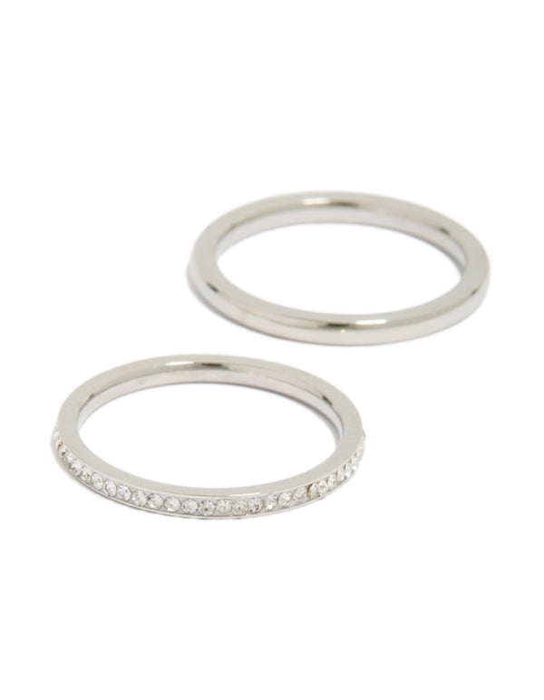 Showcasing waterproof mixed plated stainless steel thin cubic zirconia stacking rings in a 3-pack with silver tones close up view