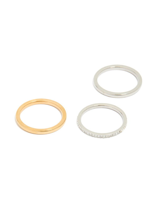 Featuring waterproof mixed plated stainless steel thin cubic zirconia stacking rings in a 3-pack with silver and gold tones front view