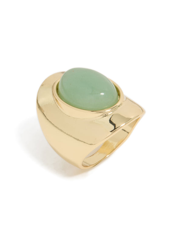 Gold Plated Oval Green Semi Precious Stone Ring