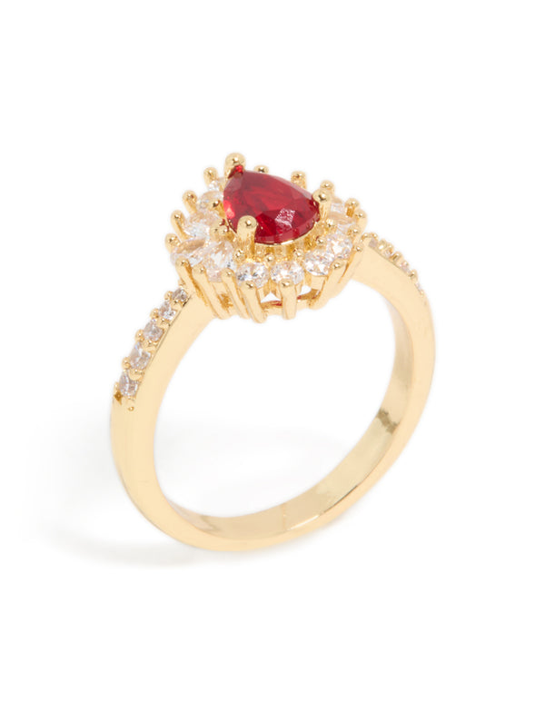 Gold Plated Gleaming Red Cubic Zirconia Pear Ring