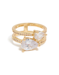 Presenting a gold plated double cubic zirconia split ring close up view - link has visual effect only