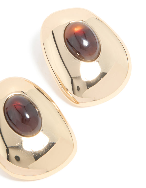 Gold Brown Resin Large Stud Earrings