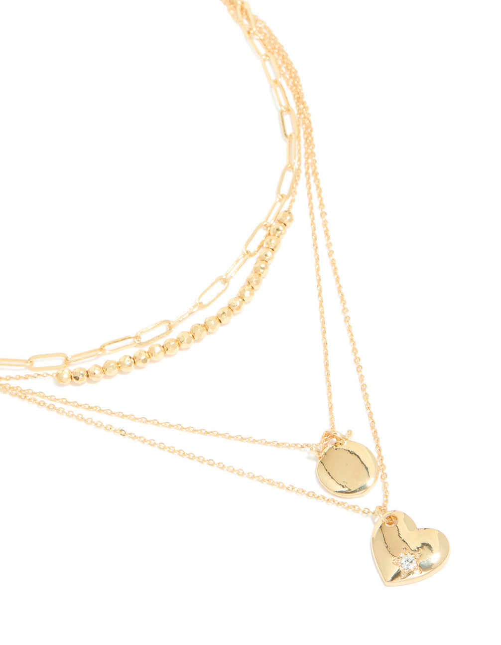 Gold Plated Cubic Zirconia Beaded Heart & Star Layered Necklace