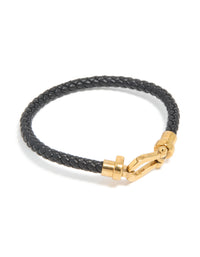 Waterproof Gold Plated Stainless Steel Black PU Leather Braided Chunky Link Bracelet - link has visual effect only