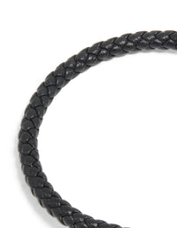 Waterproof Gold Plated Stainless Steel Black PU Leather Braided Chunky Link Bracelet - link has visual effect only