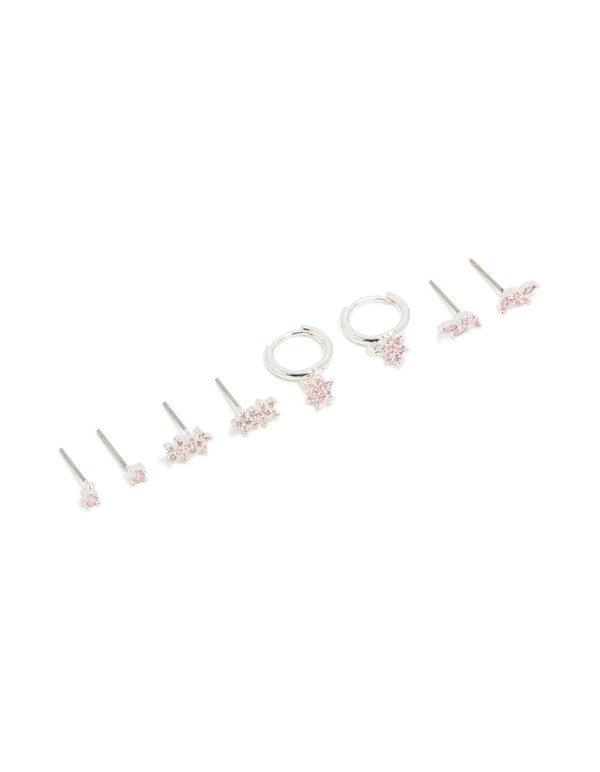 Silver Plated Brass Pink Cubic Zirconia Flower Stud & Hoop Earrings 4-Pack