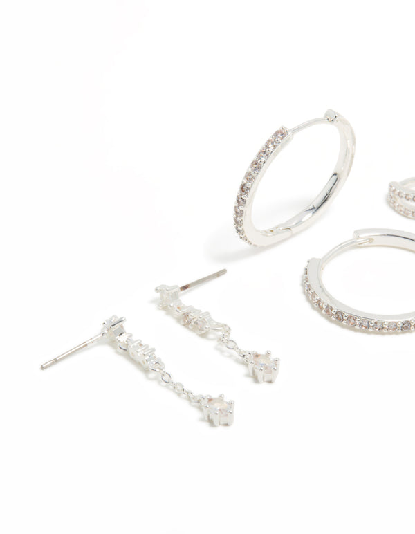 Silver Plated Brass Cubic Zirconia Large Hoop & Cuff Earrings 4-Pack
