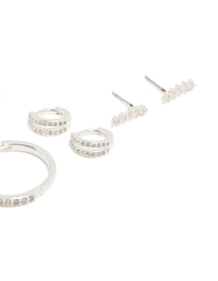 Silver Plated Brass Cubic Zirconia Large Hoop & Cuff Earrings 4-Pack - link has visual effect only