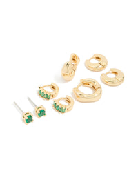 Gold Plated Brass Emerald Cubic Zirconia Huggie & Stud Earrings 4-Pack - link has visual effect only