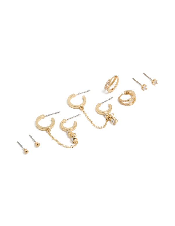 Gold Plated Cubic Zirconia Huggie & Chain Earrings 5-Pack