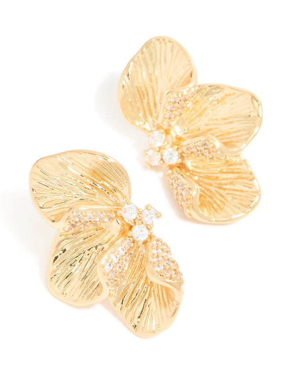 Gold Plated Cubic Zirconia Half Flower Stud Earrings