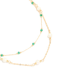 Gold Plated Emerald Stone & Pearl Layered Necklace - link has visual effect only